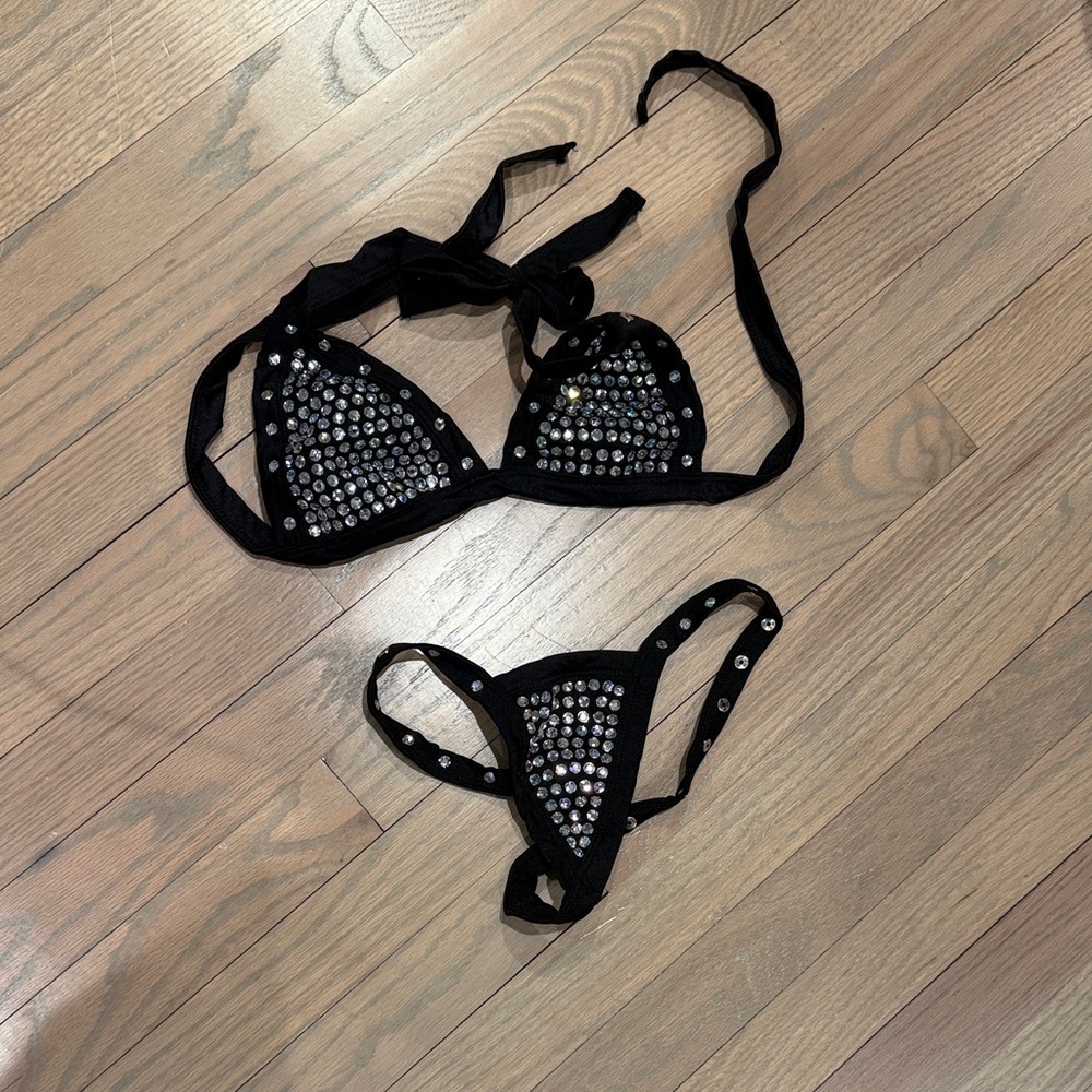 Black Rhinestone Triangle Thong Bikini Set
